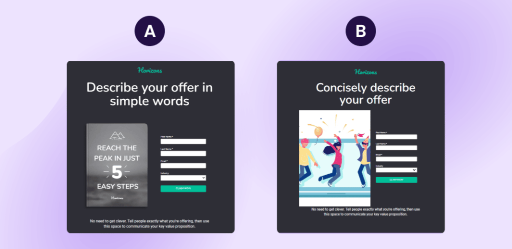 An image showing two variants of the same landing page