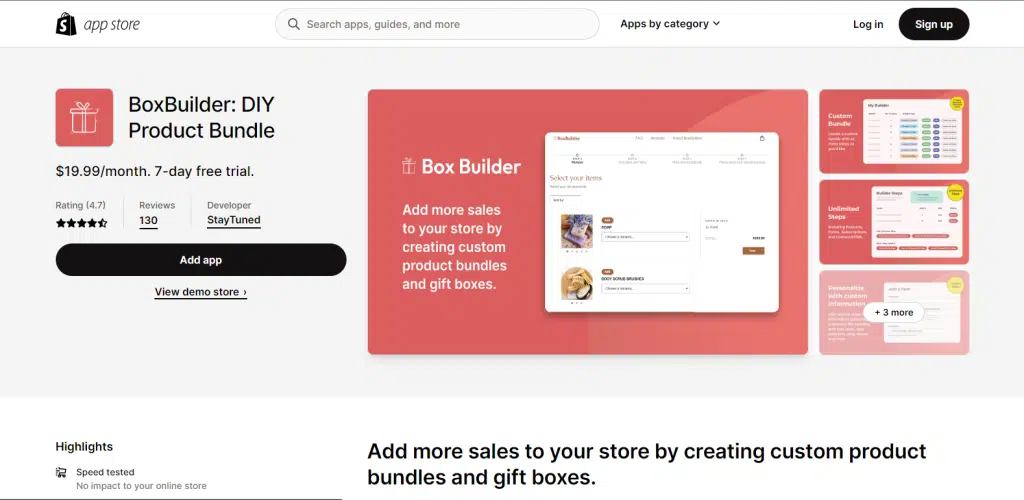 A screenshot of BoxBuilder app on the Shopify App Store