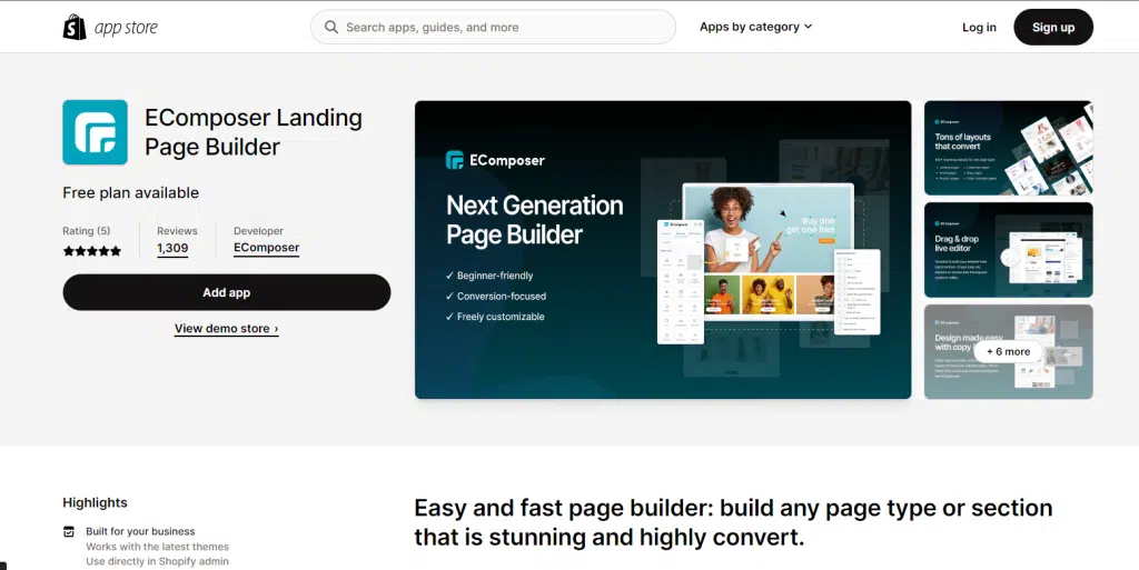 A screenshot of EComposer on the Shopify App Store