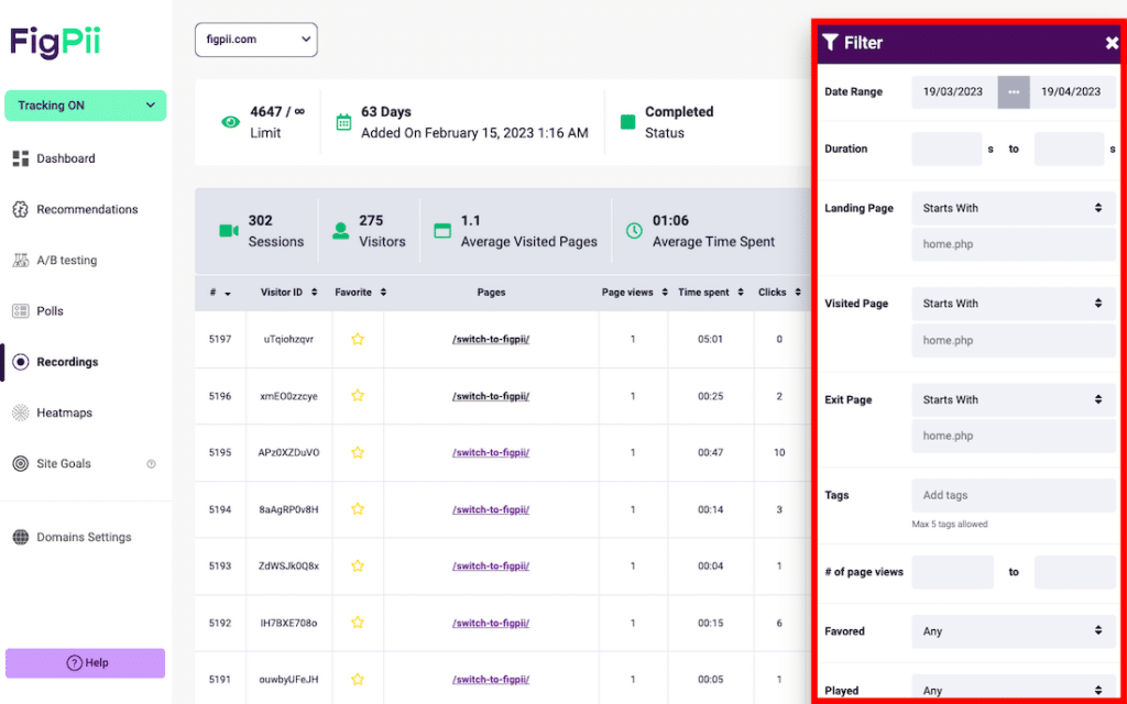 Setting filters for session replay in FigPii