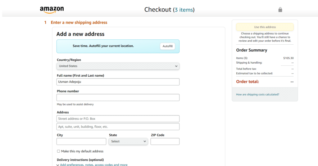 Amazon shipping address page