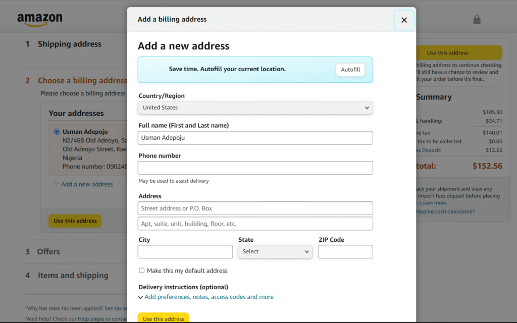 Amazon billing address page
