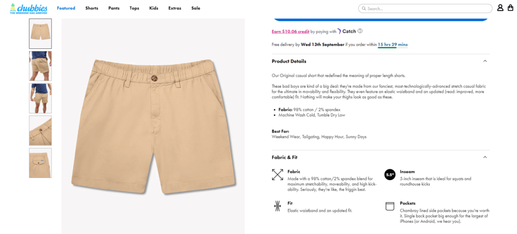 Detailed product description for a product on chubbies