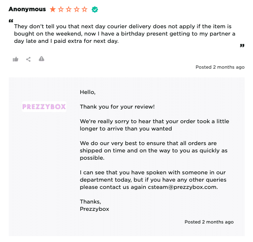 Negative customer review from prezzybox