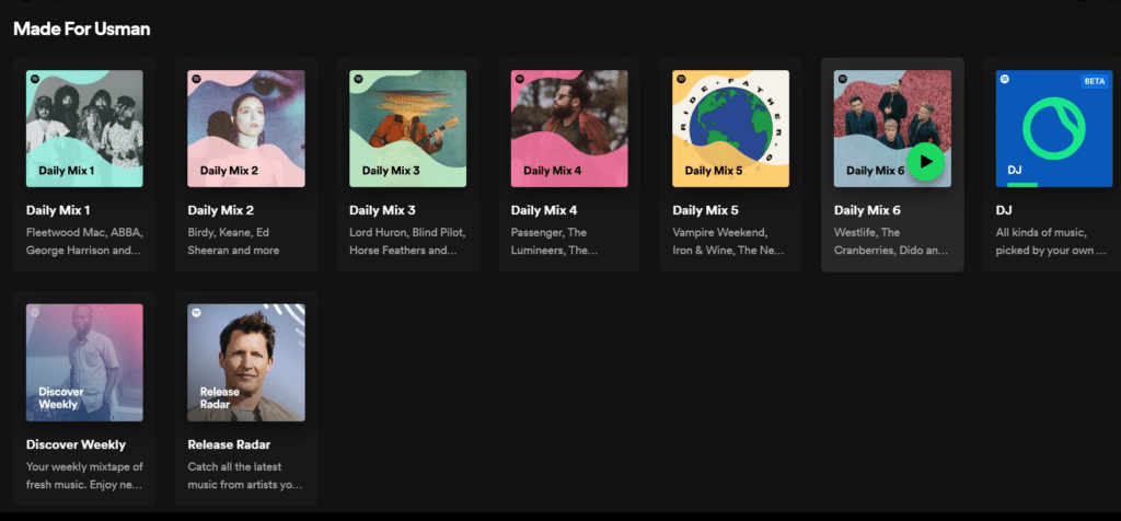 An example of personalized content with spotify music recommendation
