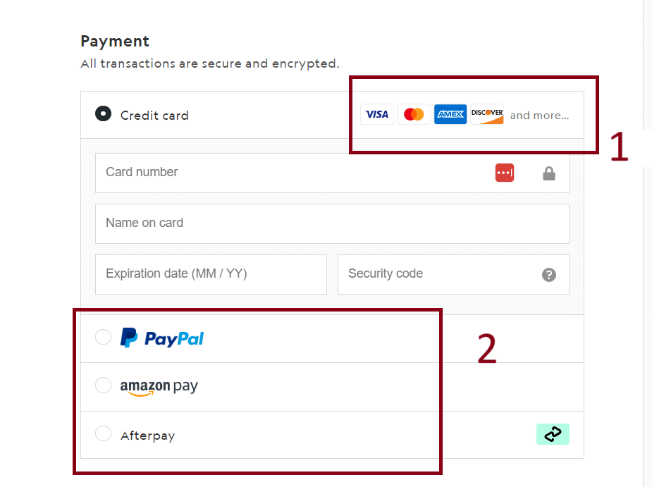 Different payment options on an ecommerce site checkout page