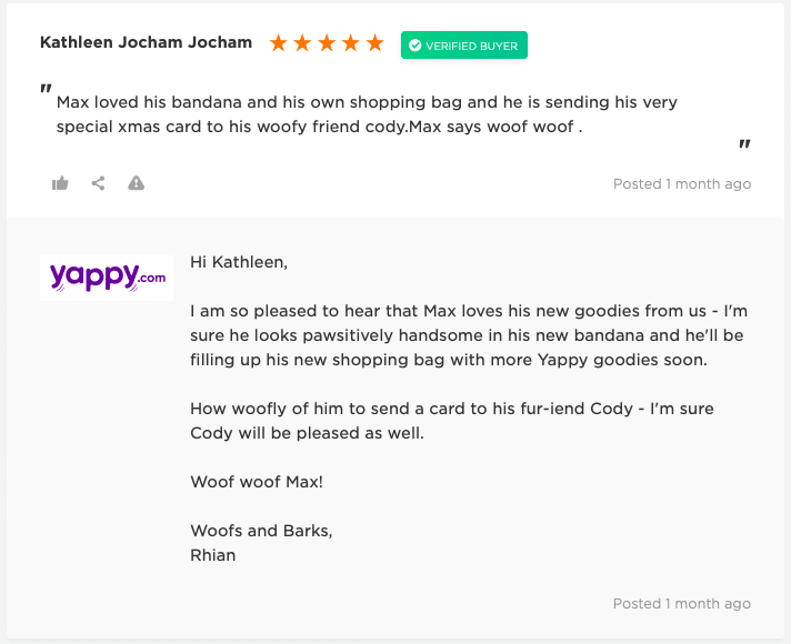A positive customer review from yappy.com