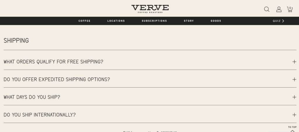 Shipping and delivery FAQ page or Verde 
