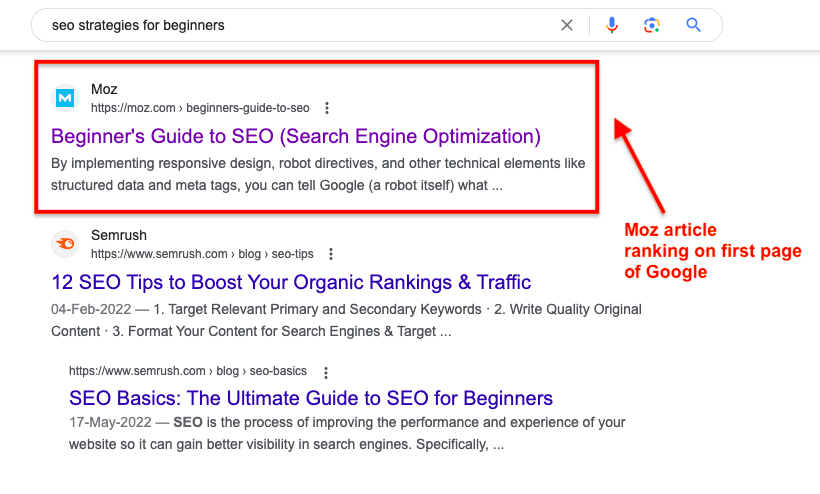 A screenshot showing how MOZ ranks on the first page of SERPs for keywords in their industry 